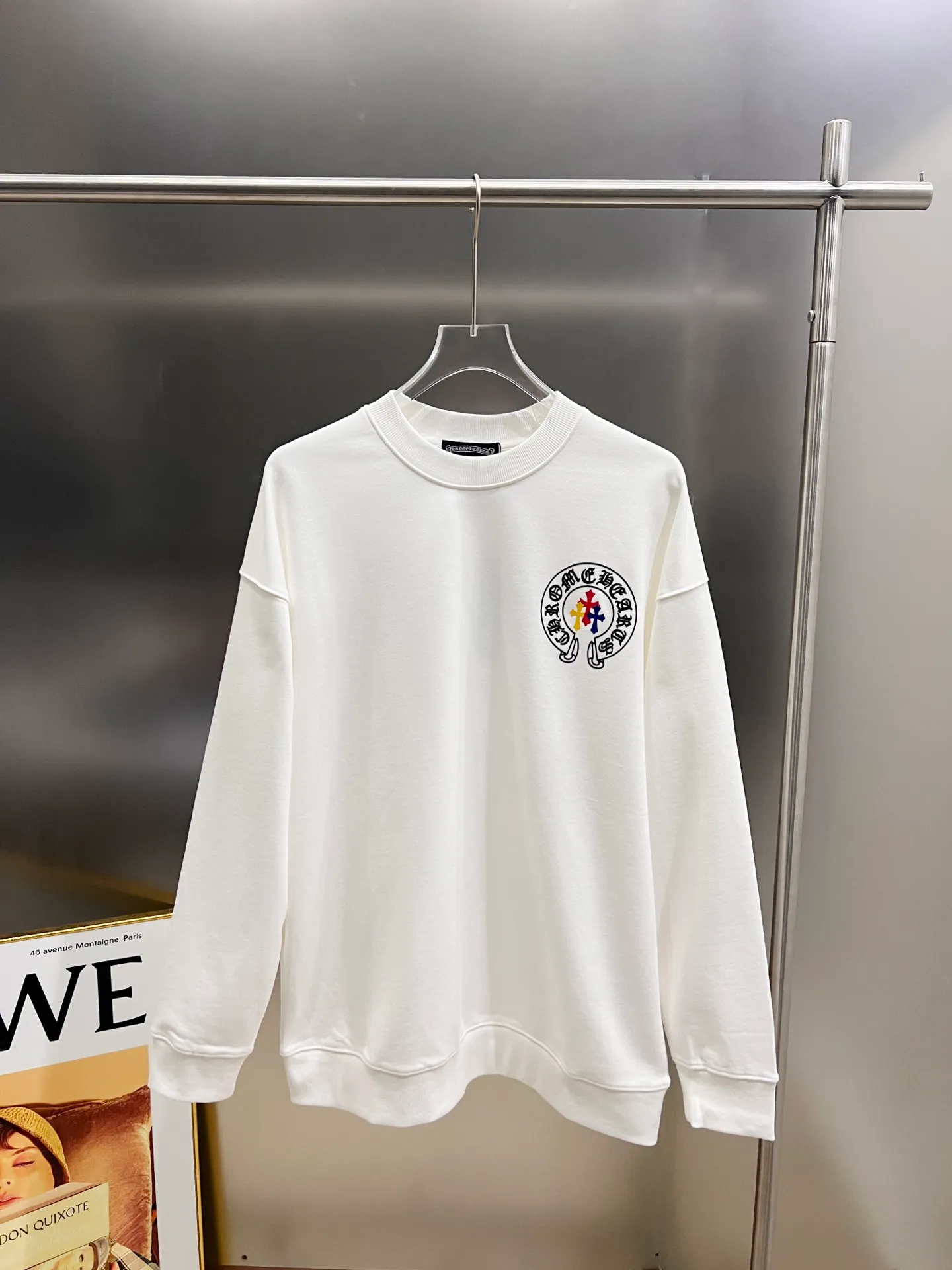 🅿️280 CH Crowe 2025 Autumn and Winter New Style Round Neck Long Sleeve Sweater Cross Patch Leather + Customized Hardware Metal Horseshoe Sanskrit Text The real thing is great🔥Same style for men and women, loose version Size S M L XL XXL Five sizes Black White
